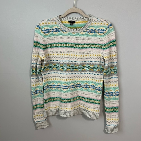Talbots West Yoke Fair Isle Cream Blue Creweck Sweater Women’s Size Small - Picture 2 of 6